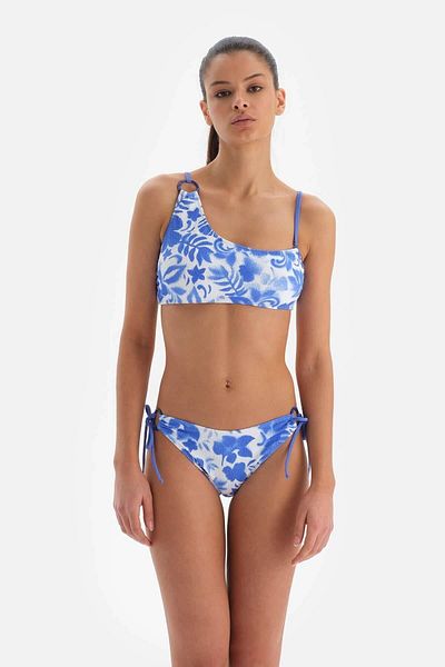 Dagi Partea de jos de bikini spaghetti albastru - alb
