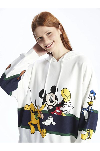LC Waikiki هودي نسائي كبير الحجم مطبوع بأكمام طويلة من XSIDE Mickey Mouse and Friends