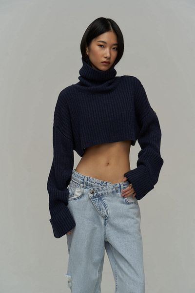 MAİ COLLECTİON Revue Throated Navy Blue Crop pulóver