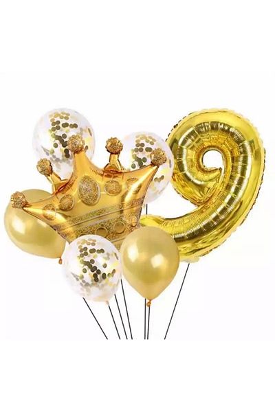 Deniz Party Store Gold 9 Year Old King Crown Foil Balloon Set