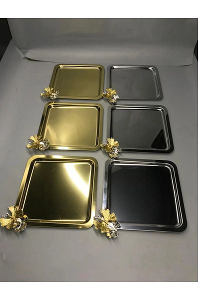 Farklıevim Luxury Set of 6 Coffee/Tea/Decorative Presentation Tray - Plain Stainless Steel, Square Accessory