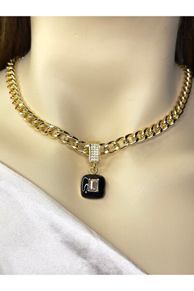 VELİT VOLA Taşlı Mineli Kare Gurmet Model Kalın Zincirli Kolye