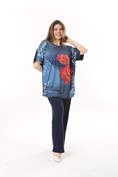 XL Modam WOMEN'S LARGE SIZE FLOWER PATTERN NAVY BLUE LYCRAL SUIT