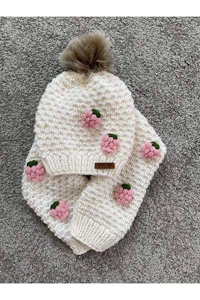 NEVALİN Strawberry Detailed Hand Knitted Children's Scarf Beanie Set
