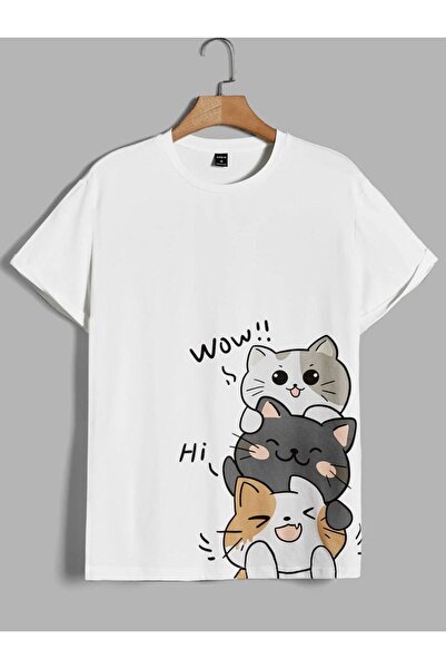 MANCY تي شيرت قطني كبير الحجم مطبوع عليه قطة Wow للأطفال برقبة دائرية
