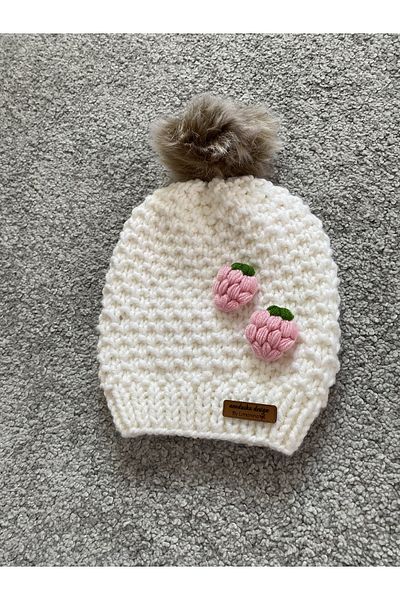 NEVALİN Strawberry Detailed Hand Knitted Children's Scarf Beanie Set