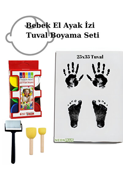 NEON PLUS 25x35 Tuval, Parmak Boyası 6x30ml, Rulo Fırça, 2'li Ponpon Fırça, Bebek El İzi Boyama