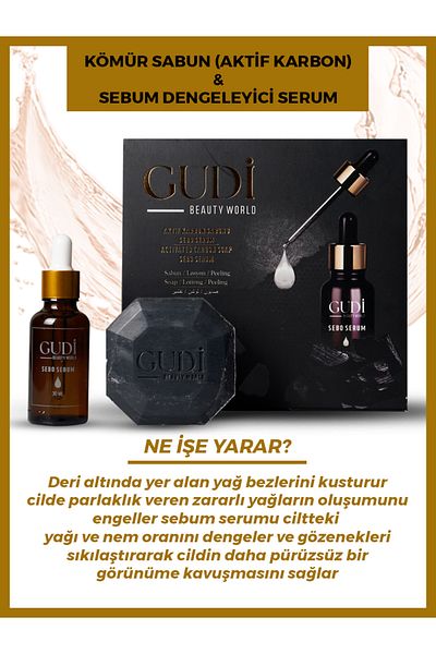 Gudi Activated Charcoal Soap 120 gr & Pore Firming, Skin Oil Balancing Sebo Serum 35 ml