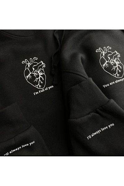 donamod Πακέτο με 2 Μαύρα Unisex Couple Lover Φούτερ με μανίκια καρδιάς με στάμπα με κουκούλα