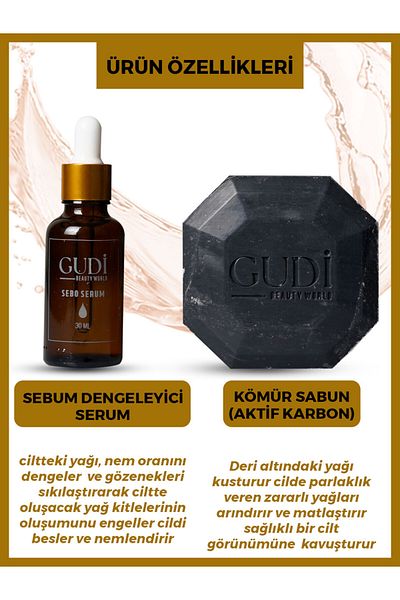 Gudi Activated Charcoal Soap 120 gr & Pore Firming, Skin Oil Balancing Sebo Serum 35 ml