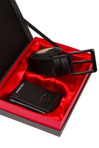 Newish Men's Black Gift Boxed Set of 2 Gift Stylish Vegan Leather Men's Wallet Card Holder Belt