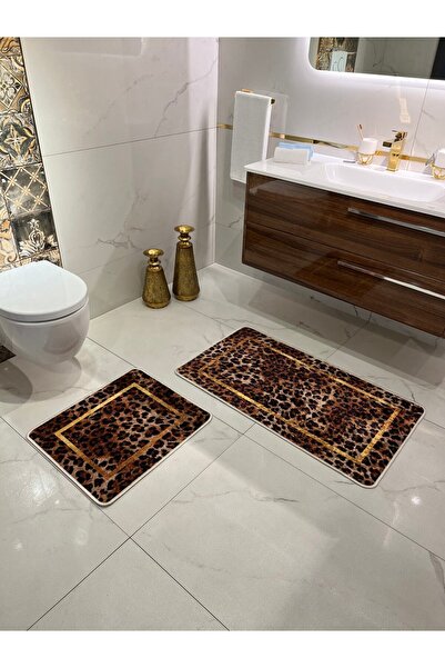 Brillant Leopar Desenli 2'li Kaymaz Taban Banyo Paspas Takımı (60x100 - 60x50)