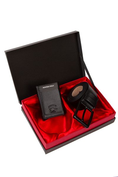 Newish Men's Black Gift Boxed Set of 2 Gift Stylish Vegan Leather Men's Wallet Card Holder Belt