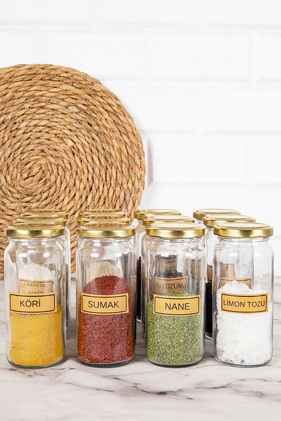DNS HOME 12-Piece Glass Spice Jar Set with Gold Metal Lid Spice Storage Jar Set with Label Gift 244 ml