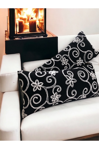 Leila Home &Living 2'li set Siyah beyaz nakış çiçek desenli kırlent kılıfı