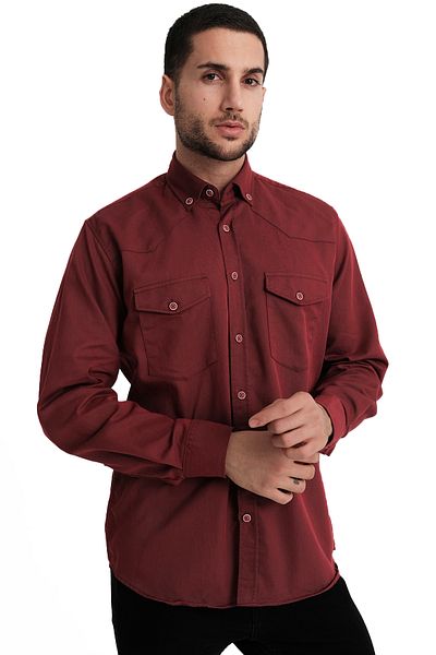 Varetta Men's Dark Red Double Pocket Lycra Lewis Model Gabardine Fabric Denim Shirt