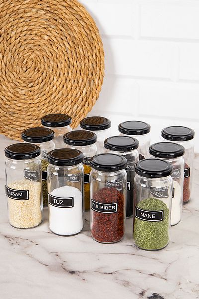 DNS HOME 12-Piece Glass Spice Jar Set with Black Metal Lid Spice Storage Jar Set with Label Gift 244 ml