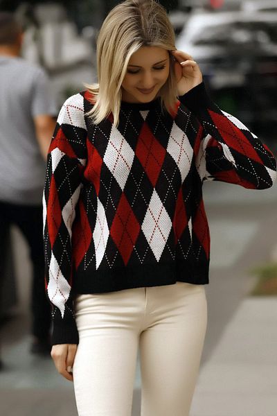 ALCHON Pulover scurt, cu gât rotund, cu mânecă lungă, cu model jacquard cu diamante