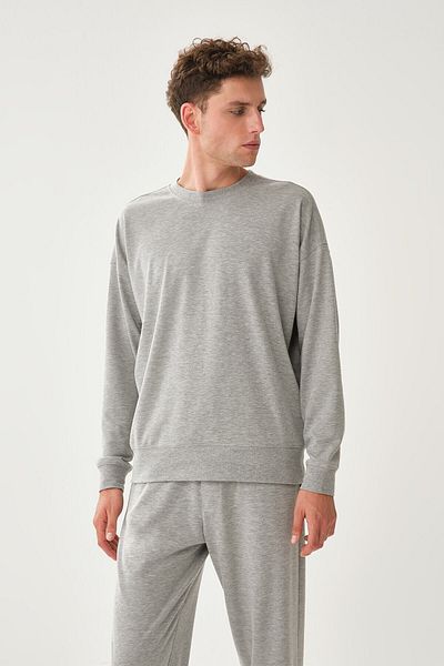 Dagi Grau meliertes, geripptes Sweatshirt mit Rundhalsausschnitt