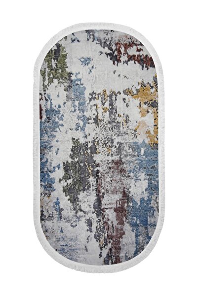 Dijidekor Modern Blue Digital Fringed Oval Runner - Antiallergic Carpet
