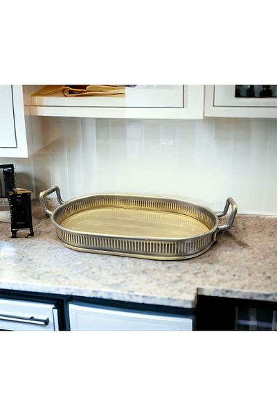 LUCKYHOMES Special Production Stick Printed Spiral Handle Gold Plated Tray 33X19X4