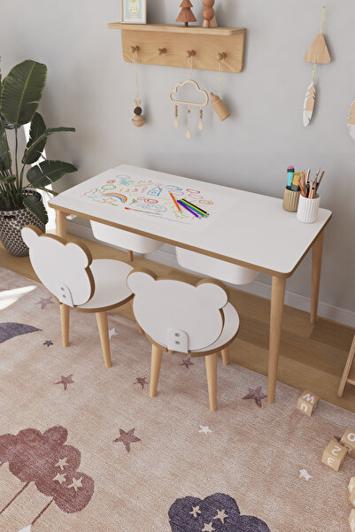 OBİ Atölye Resim Kağıdı Rulolu Çocuk Oyun Aktivite Masası 2 Sandalyeli Çekmeceli Çocuk Masası - Panda