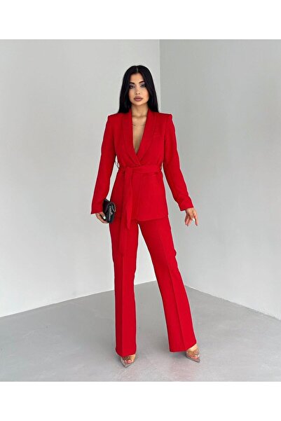 pembekurdelem Women's Belted Jacket Trousers Set Red