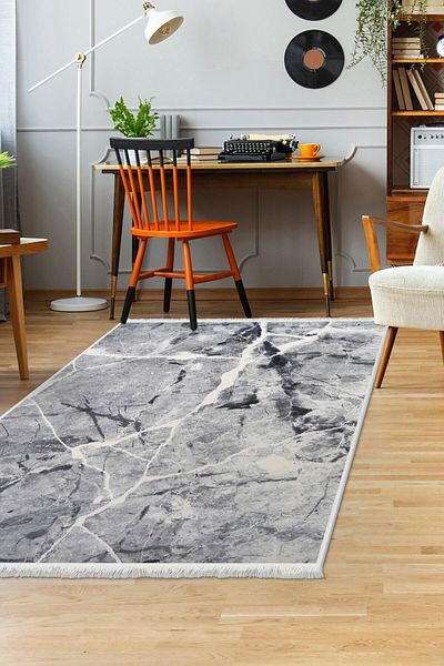 Dijidekor Gray Granite - Digital Fringed, Washable Carpet Runner, Antiallergic
