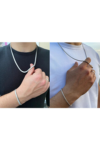MEKKANMODA Unisex Lüx Çelik Zincir Takımı 2 Kolye 2 Bileklik Set