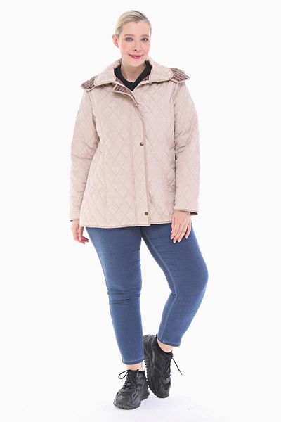 VETRE Women's Large Size Plaid 75 Cm Seasonal Light Beige Quilted Coat 1024