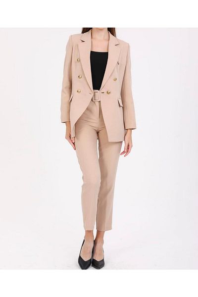 pembekurdelem Women's Blazer Jacket Belted Trousers Set Stone