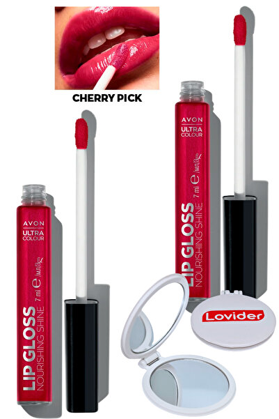 AVON Ultra Color Lip Gloss Besleyici Dudak Parlatıcısı - Cherry Pick 2'li + Lovider Cep Aynası Hediye