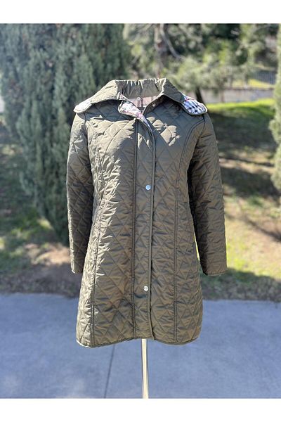 VETRE Women's Large Size Plaid 95 Cm Seasonal Khaki Quilted Coat 1040