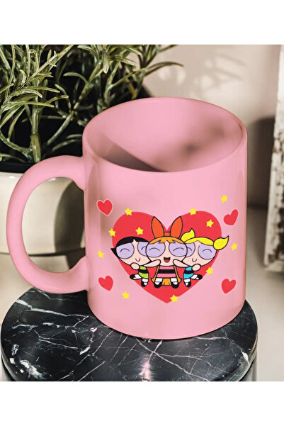 Bikutumutluluk POWERPUFF GİRLS KALPLER PEMBE HEDİYE KUPA BARDAK