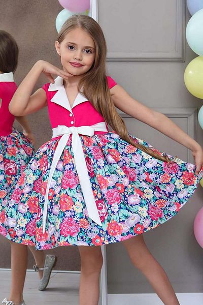 Riccotarz Girl's Shirt Collar Floral Printed Fuchsia Dress