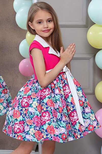Riccotarz Girl's Shirt Collar Floral Printed Fuchsia Dress