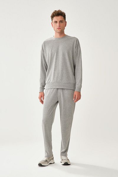Dagi Grau meliertes, geripptes Sweatshirt mit Rundhalsausschnitt