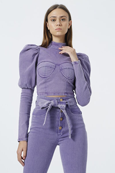 Rocky girl Karpuz Kol Glop Detay Denim Bluz