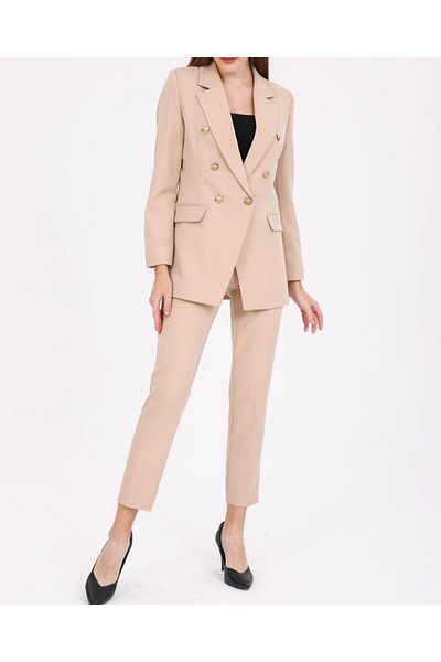 pembekurdelem Women's Blazer Jacket Belted Trousers Set Stone
