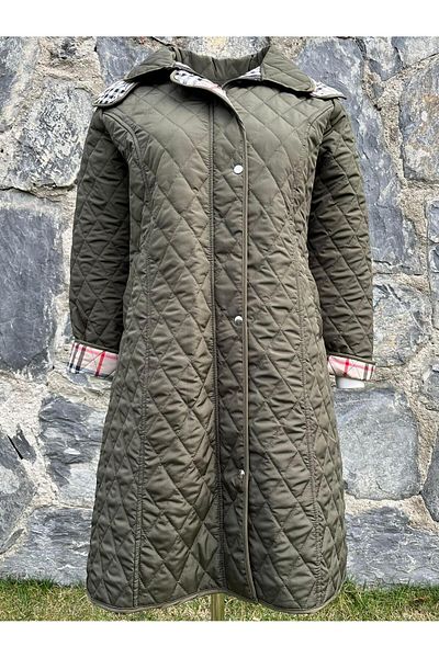 VETRE Women's Large Size Plaid 105 Cm Seasonal Khaki Quilted Coat 1044