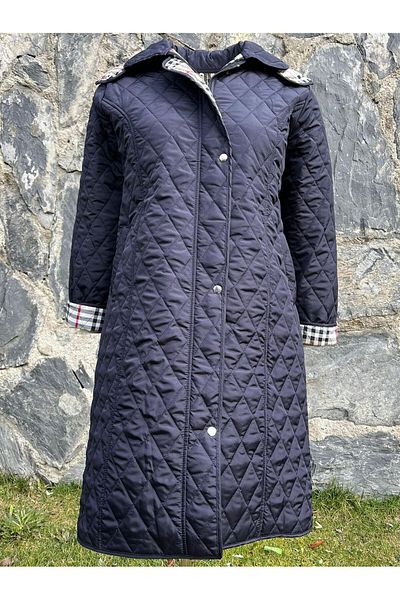 VETRE Women's Large Size Plaid 105 Cm Seasonal Navy Blue Quilted Coat 1044
