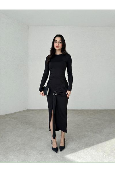 munora butik Heart Buckle Detailed Slit Midi Black Dress