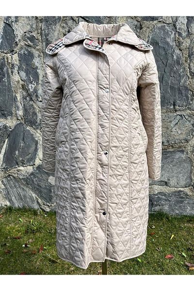 VETRE Women's Large Size Plaid 105 Cm Seasonal Light Beige Quilted Coat 1044