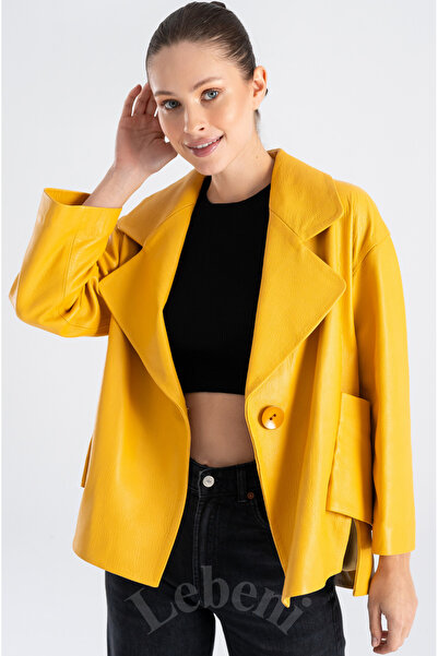 Lebeni Hakiki Deri Ceket Kadın - Tek Düğmeli Oversize Mevsimlik Sarı Deri Cek...