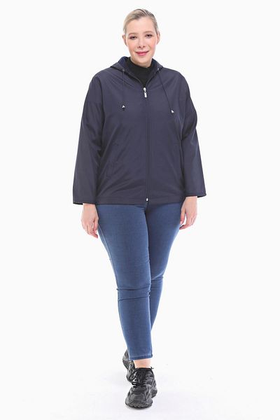 VETRE Women's Large Size Hooded Navy Blue Fleece Raincoat 1005