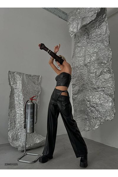 Black Fashion Elysian Store- Δερμάτινο παντελόνι Deray με ζώνη παραθύρου ES23W01025-1