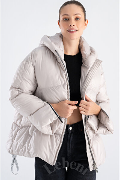 Lebeni Kadın Şişme Mont Kışlık - Oversize Puffer Kış Montu Kapüşonlu Kumaş Beyaz