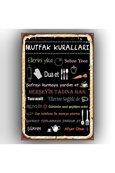BiveSa Mutfak Kuralları Sokak Tabelası Ahşap Retro Poster