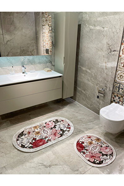 Brillant 2 li Çiçek Desenli 60x100 - 60x50 Beauty Lateks Taban Banyo Paspas