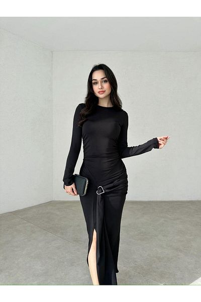 munora butik Heart Buckle Detailed Slit Midi Black Dress